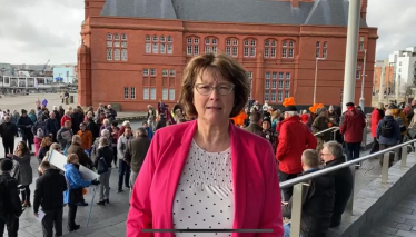Angela Burns AM/AC speaking at the protest at The Senedd.